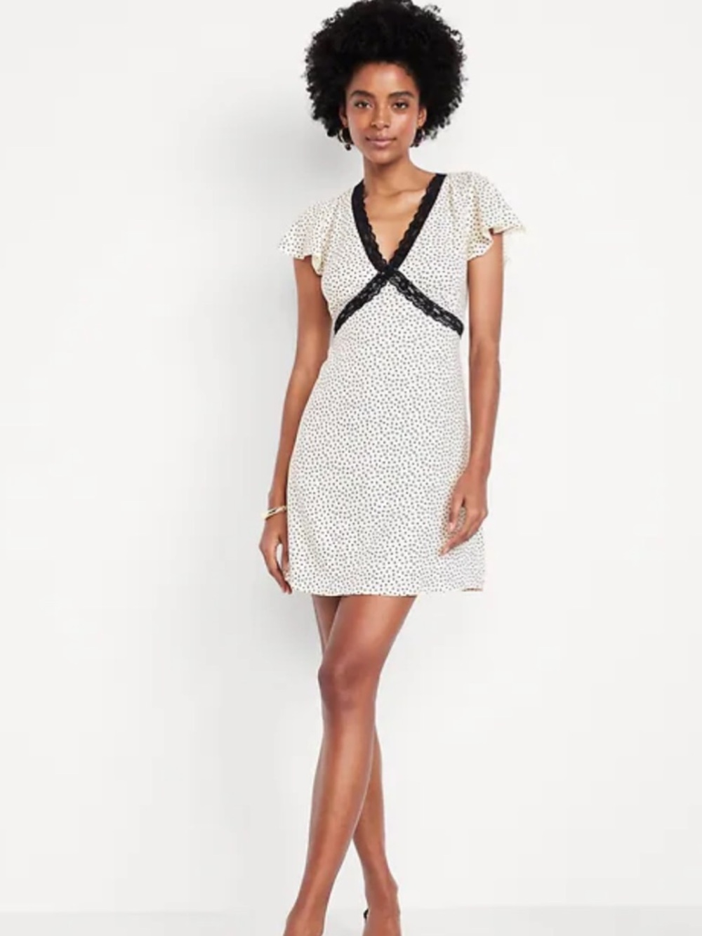 NWT Old Navy Fit & Flare Crepe Lace-Trim Mini Dress Black white polka Dot